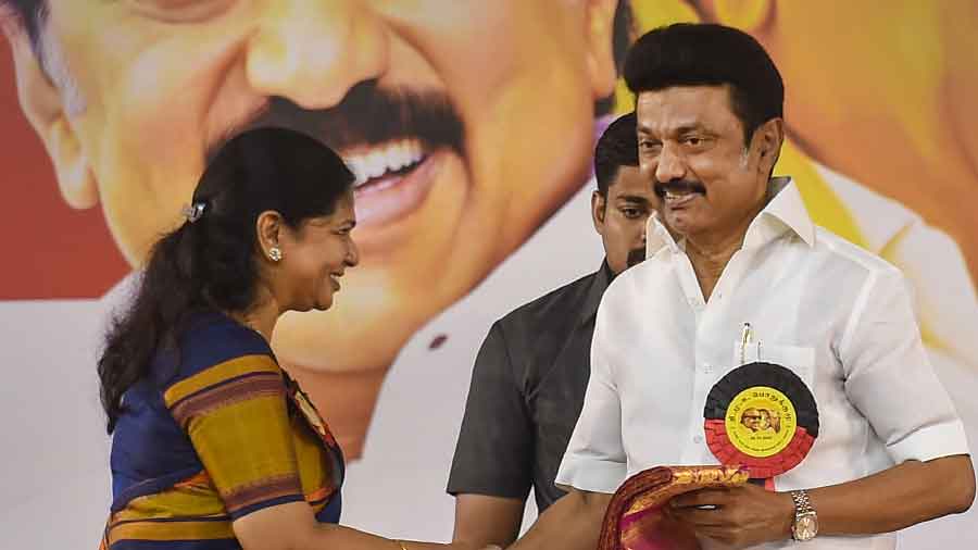 MK Stalin with party's newly elected Deputy General Secretary Kanimozhi Karunanidhi