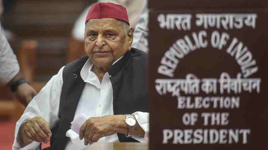 Samajwadi Party patriarch Yadav during voting for the election of the President, at Parliament House in New Delhi on July 18, 2022. 
