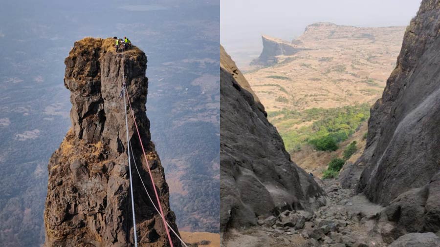 Climbers atop the Vanarlingi pinnacle and (right) the view from Jivdhan Fort