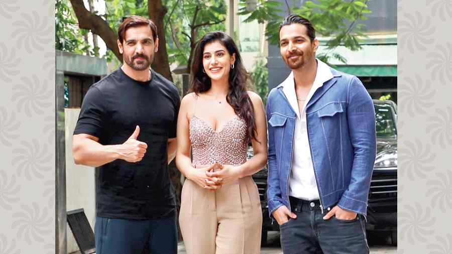 Harshvardhan Rane (right) with his Tara vs Bilal co-star Sonia Rathee and John Abraham, who has produced the film that releases on October 28