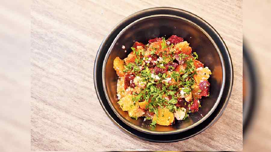 Salads form a major part of Crispy Treat and this was a riot of colours in a bowl. While oranges lend a sweet and tangy note to the salad, the chunks of cooked beetroot balance the profile quite well with the dressing of olive oil, feta and parsley. 