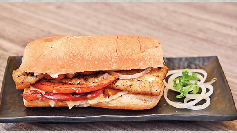 Very Fishy Sandwich is a great option for brunch or even lunch. Crunchy baguette gives way to suculent bhetki and every bite is juicy thanks to the homemade sauces. 