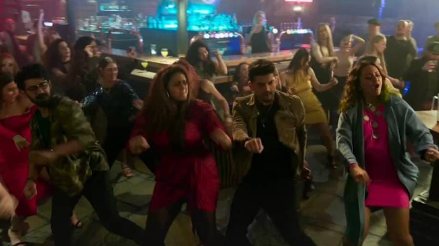 (L-R) Mahat Raghavendra, Huma Qureshi, Zaheer Iqbal and Sonakshi Sinha tap their feet to music in a song sequence from the movie.
