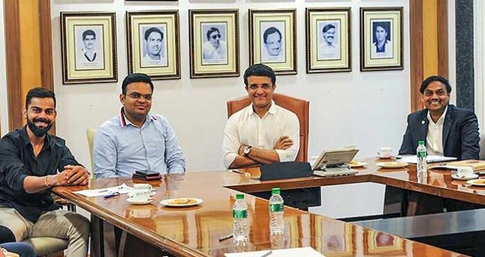 Sourav Ganguly with BCCI secretary Jay Shah (to his right) and Virat Kohli (to Shah's right) at a selection committee meeting