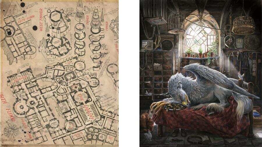 The Marauders Map and (right) Buckbeak in Hagrid's hut from the illustrated version of 'Harry Potter and the Prisoner of Azkaban'