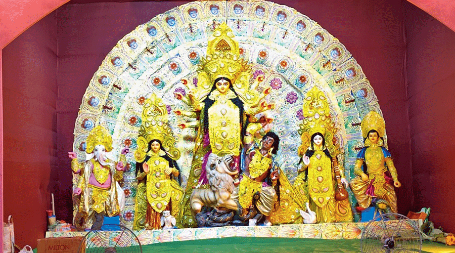 The Durga idol at New Town’s CC Block puja ground.