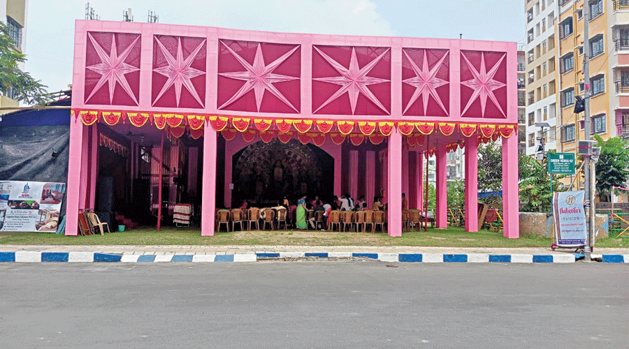 The pandal at New Town’s CC Block puja ground, where the puja was held without permission.