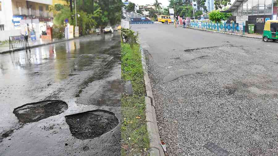 Potholes on a road at GC Block; (right) a damaged stretch near the Broadway-EM Bypass intersection near the SAI Complex
