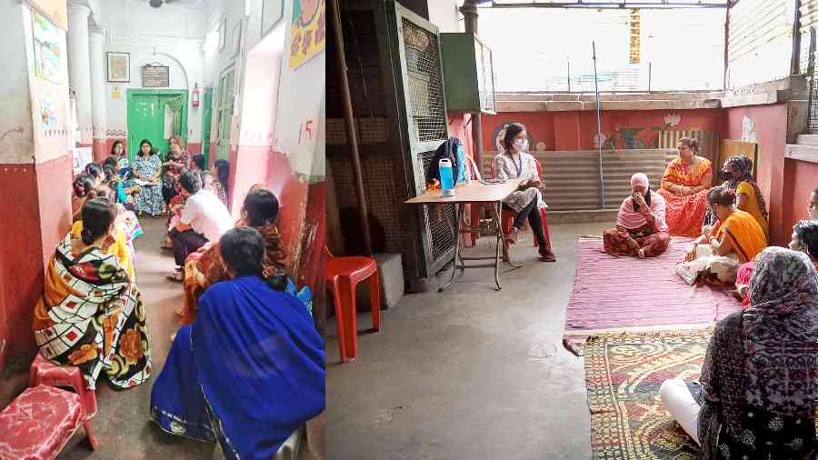 A meeting between parents and members of the Calcutta Rescue at the NGO’s Girish Park office; (right) a member of the NGO talks to parents at another meeting
