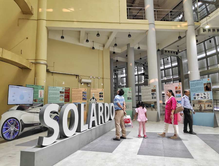 Visitors at the recently launched Solar Dome in New Town on Friday afternoon. The dome has solar panels and houses exhibits on renewable energy. There are about 2,000 active solar panels fitted on the dome. These panels will be used to generate electricity to power nearby street lights and the dome’s internal lighting as well