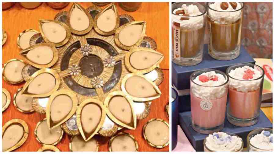 Though Twin Flames had a gamut of lights for Diwali, including traditional diyas, assorted candles, embellished candles and more, we loved their hotseller Dessert Candles. Crafted in a transparent glass, like a sumptuous drink topped with foamy cream and toppings like coffee beans and blueberry, the candles smelt yum and looked so real