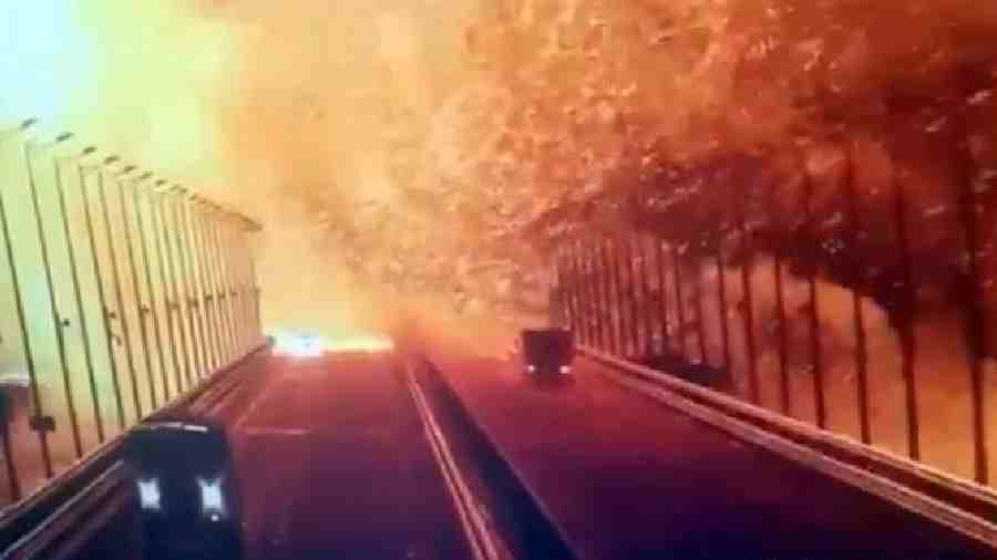 The still from a surveillance camera shows the fire after the explosion on Kerch Bridge on October 8