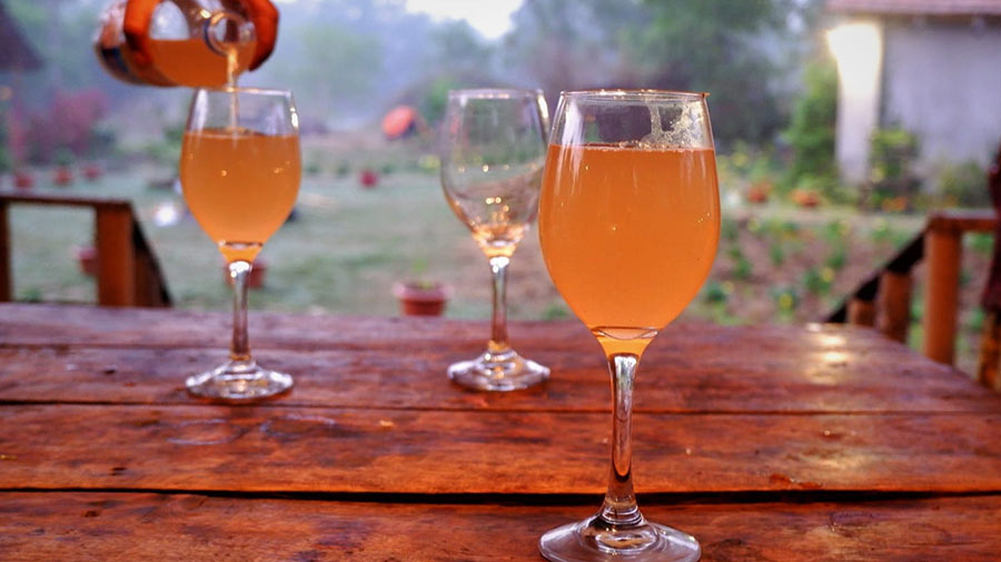 Fresh palm juice served in wine glasses during winter