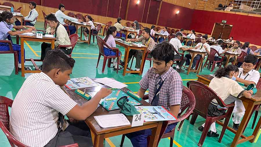 Students at the zonal Scrabble tournament at The Heritage School on Saturday. Out of 65 competitors, four made it to the national level