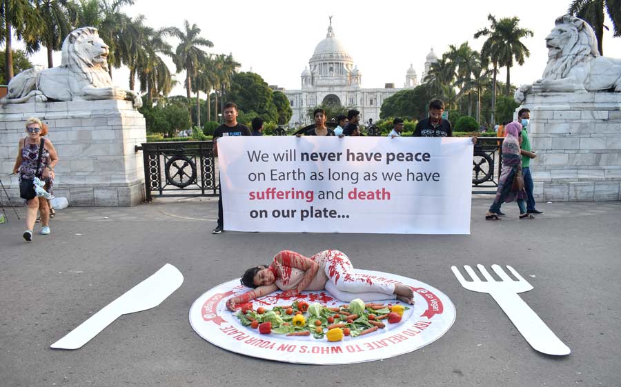 A pro-veganism demonstration carried out by vegans in front of Victoria Memorial’s north gate on Saturday on the eve of World Food Day. World Food Day is observed annually on October 16 in remembrance of the day when the Food and Agricultural Organisation (FAO) of the United Nations was founded in 1945. The primary aim is to tackle global hunger and strive to eradicate hunger across the world