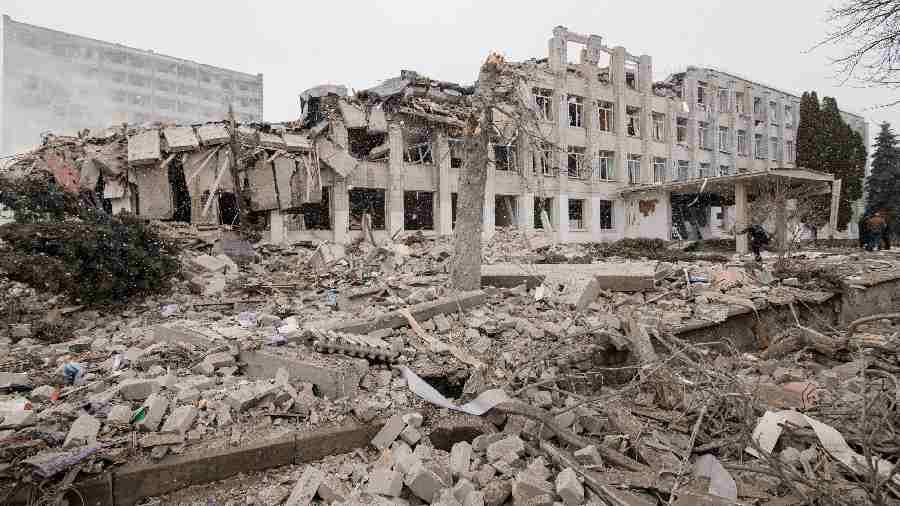 WHAT REMAINS: The rubble of a school building bombed by Russia