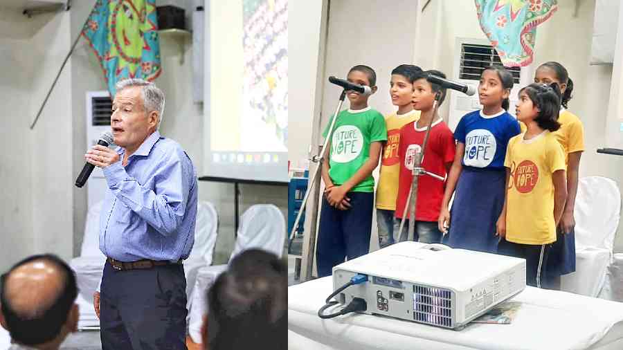 Tim Grandage, founder, Future Hope, speaks at the event and (right) children of Future Hope perform during the programme