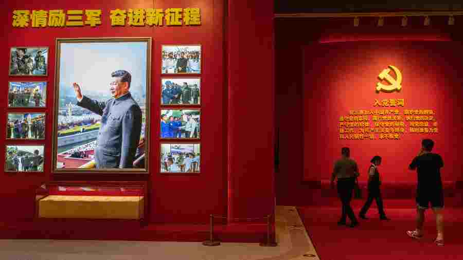 Images of Xi Jinping on display at the military museum under the slogan: “Inspiring the Three Armed Forces to Forge Ahead,” in Beijing, September 2, 2022. 