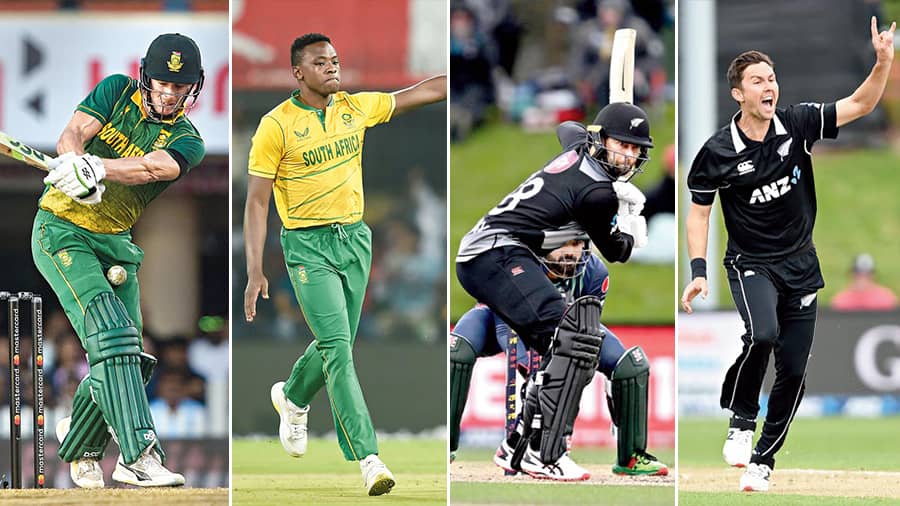 (L-R) South Africa’s David Miller and Kagiso Rabada; New Zealand’s Devon Conway and Trent Boult