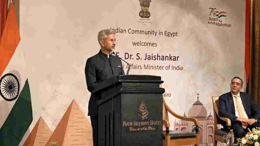 External Affairs Minister S. Jaishankar speaks during his interaction with the Indian community in Egypt, in Cairo. 