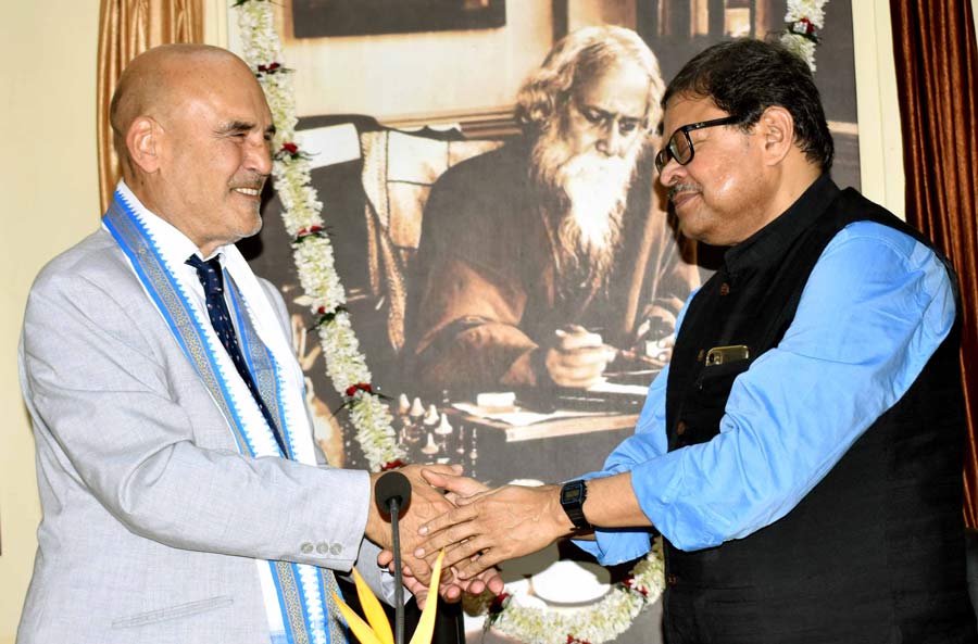 Dr Gianluca Rubagotti, consul general of Italy, and Sabyasachi Basu Ray Chadhury, vice-chancellor of Rabindra Bharati University, greet each other after signing an MoU on Monday.  