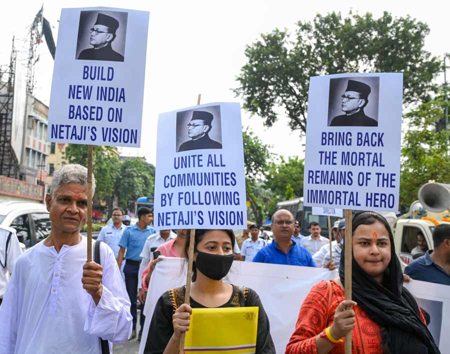 Ahead of the upcoming foundation day of the provisional government of Azad Hind, members of The Open Platform of Netaji participate in a rally demanding that Subhash Chandra Bose’s inclusive ideologies should be implemented to bring together all communities in Kolkata 