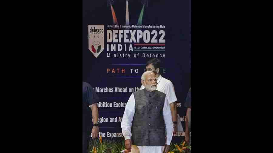 Prime Minister Narendra Modi at the inauguration of DefExpo 22, in Gandhinagar