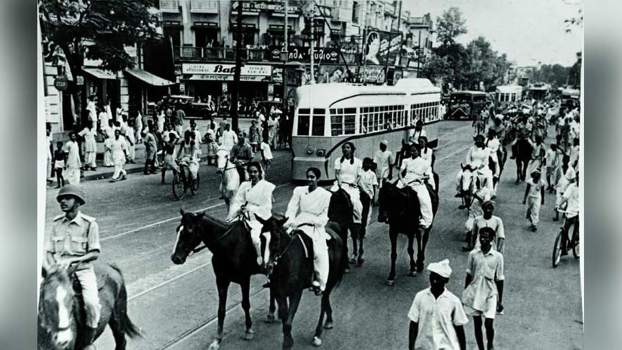 Roma and Chitra riding in procession on Azad Hind Day — October 21, 1947. Chitra passed away in January 2021 at age 90 