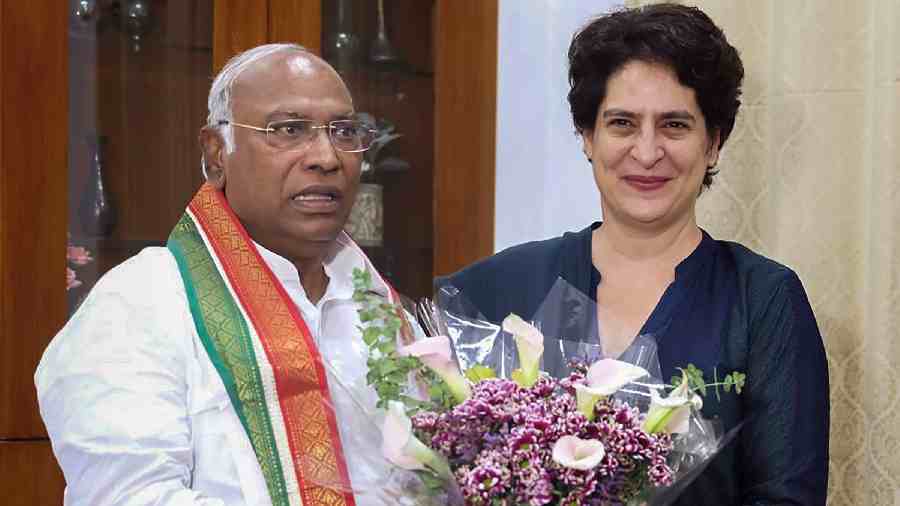 Congress leader Priyanka Gandhi Vadra with newly elected Congress President Mallikarjun Kharge, in New Delhi, Wednesday, October 19, 2022