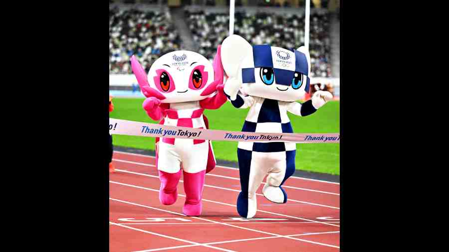 Miraitowa and Someity, mascots of the Tokyo Olympic and Paralympic Games, during the Games anniversary event in Tokyo on October 16.