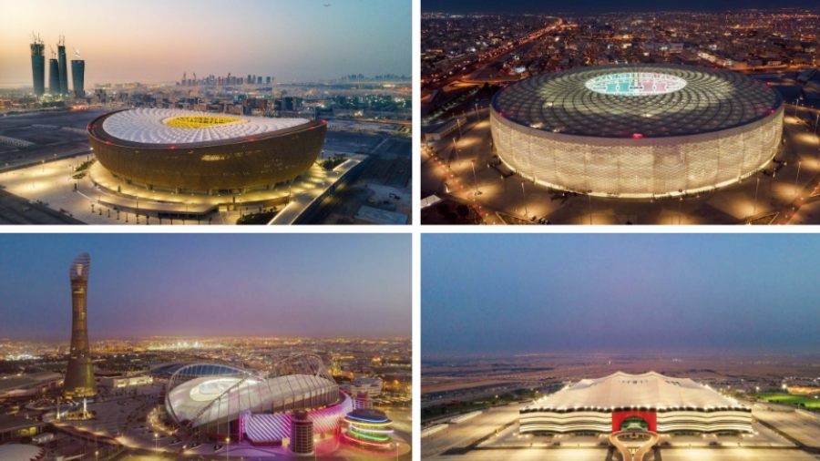 (Clockwise from top left) Lusail Iconic Stadium, Al Thumama Stadium, Al-Bayt Stadium and Khalifa International Stadium