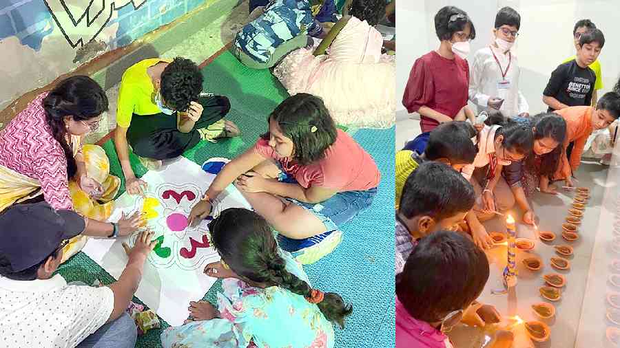 Students of Indus Valley World School draw a rangoli and (right) light diyas with children from the neighbourhood