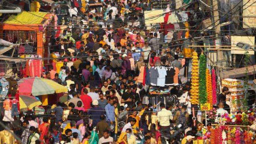 People throng the Sadar Bazar for shopping ahead of the Diwali festival in Gurugram
