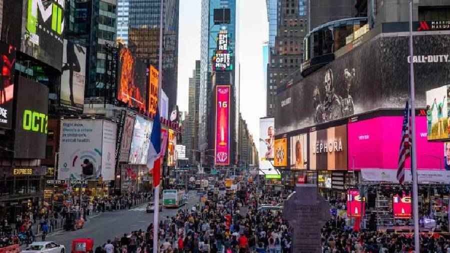 People gather for Diwali celebrations at Times Square in New York City