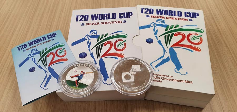 The government of India’s Mint in Kolkata has issued the second silver coloured souvenir coin on the ongoing T20 Cricket World Cup 2022. The metal composition of the souvenir coin is fine silver (.999). The coin weighs 40 grams. The souvenir is priced at Rs 3,453 and it comes in a boxed package. The souvenirs are available at the Mint and on its official website.