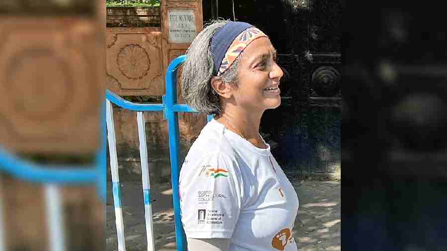 Gita Balakrishnan walks past Parashwanath Jain temple in Belgachhia on Saturday