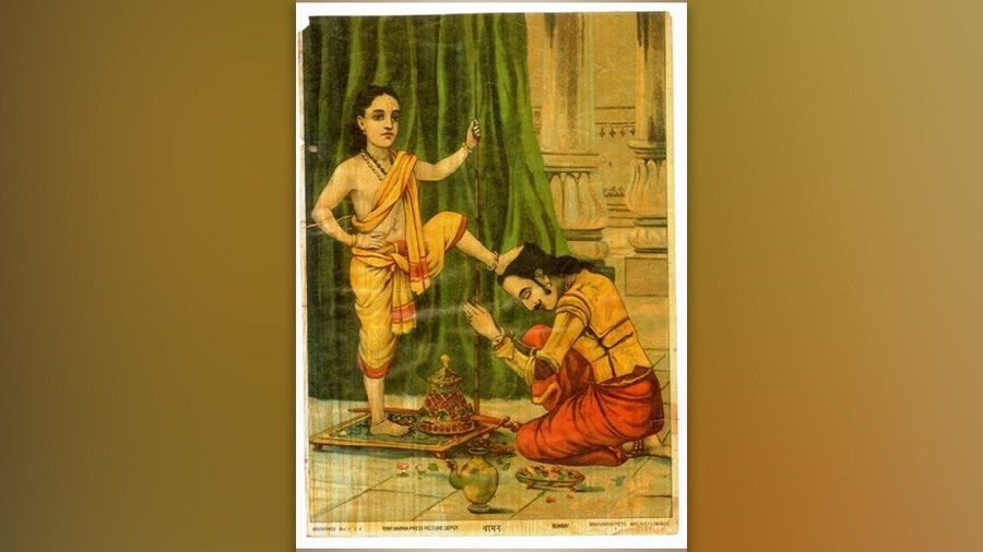 Vamana, an avatar of Vishnu pushes Mahabali down to patala (hell) with his feet (painting by Raja Ravi Varma) 