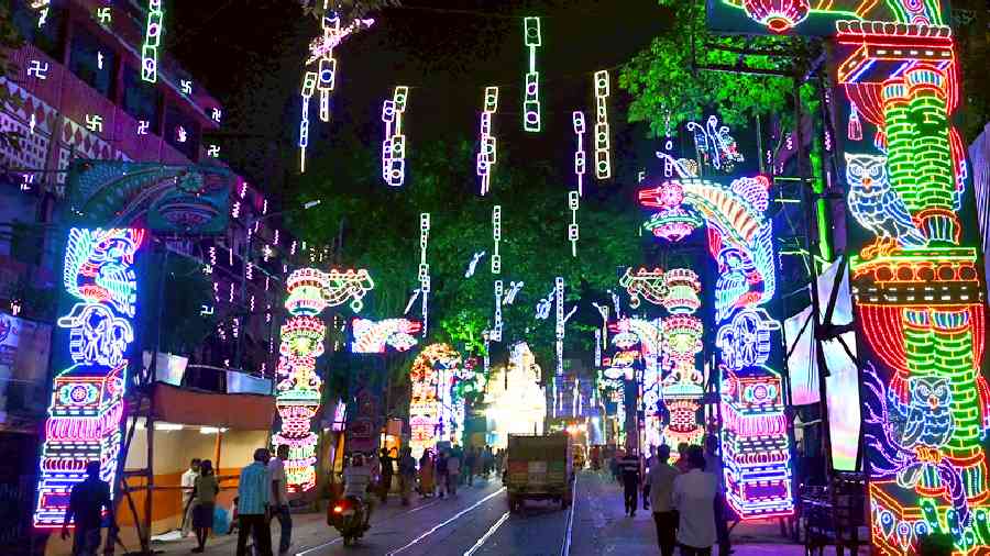 Amherst Street illuminated on Sunday for Kali Puja