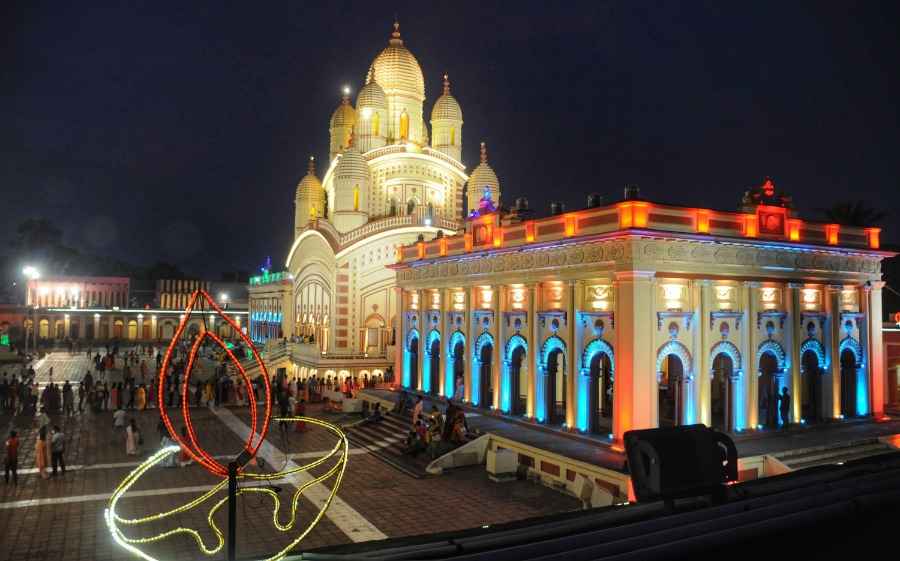 Dakshineswar temple all lit up on the eve of Kali Puja. Hundreds of devotees throng the temple on the day of the puja every year