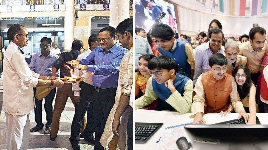 Celebrations at Calcutta Stock Exchange and (right) brokers with their families during Samvat or Muhurat trading in Bombay Stock Exchange