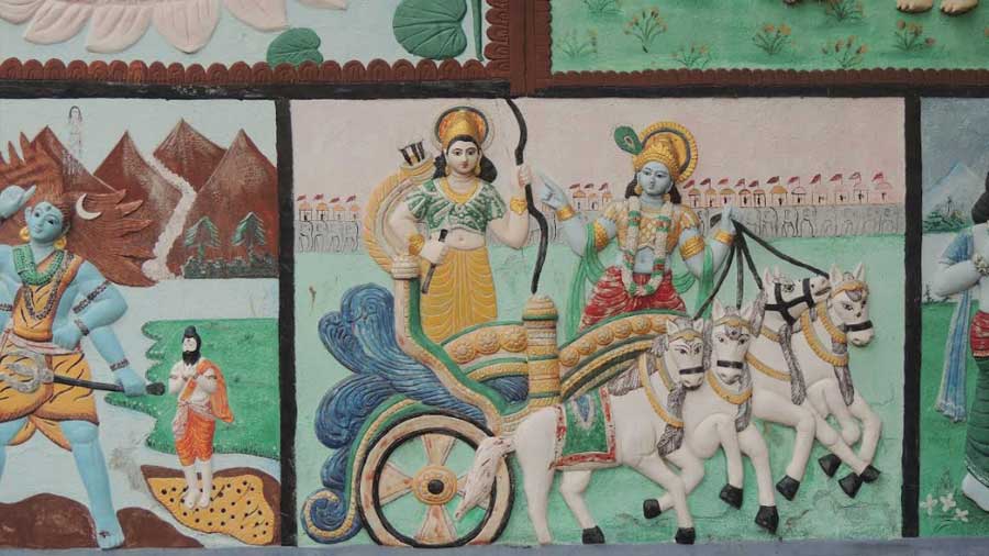 Murals on the Kalibari's walls depict scenes from mythology