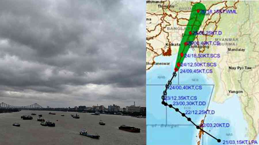 Clouds over the Hooghly around 11am on Monday and (right) a Met bulletin shows the cyclone’s 90-degree recurve