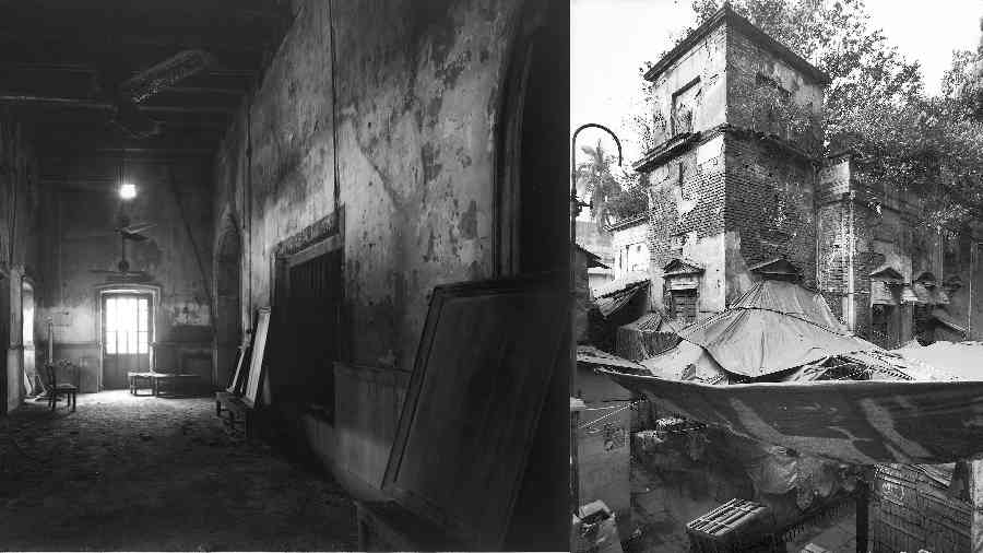 The dark interiors of the temple and (right) shops encroaching on the fire temple complex before they were turned into more permanent structures