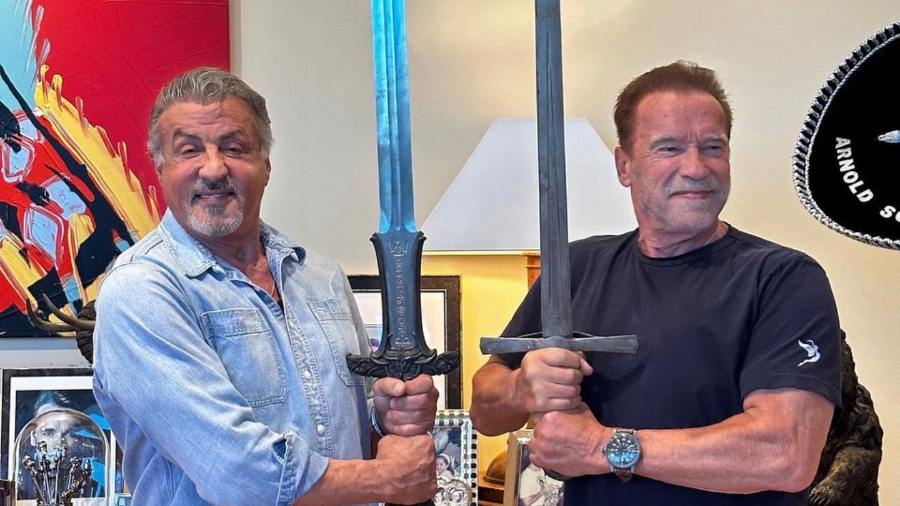 (L-R) Sylvester Stallone and Arnold Schwarzenegger. 