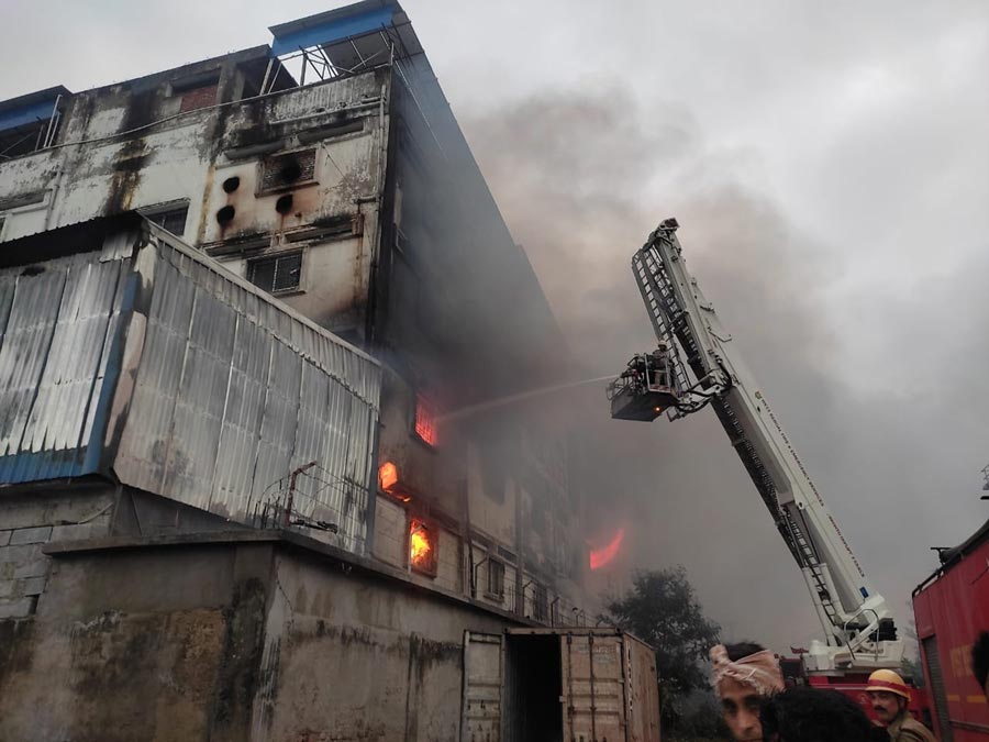 Eleven persons were trapped on the terrace of a four-storey tannery at Bantala after a fire broke out in the building’s godown. They were later rescued by firemen on Monday afternoon. The blaze was finally doused by 6pm