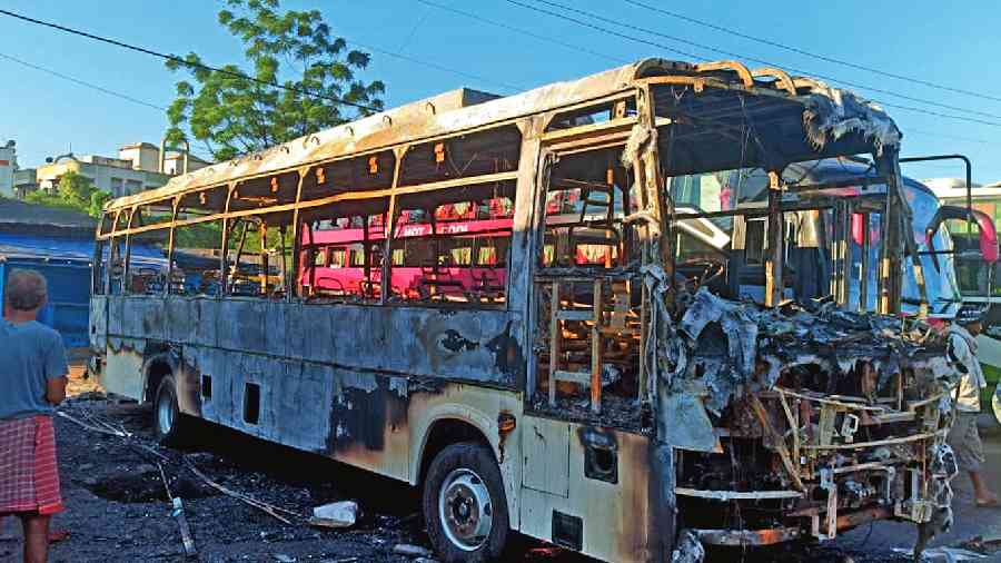 The bus that caught fire, killing two persons in Ranchi. 