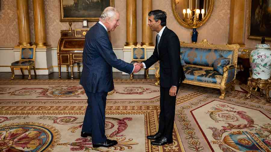 King Charles receives Rishi Sunak, at the Buckingham Palace on Tuesday.