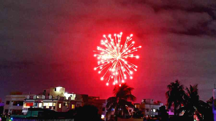 Firecrackers being burst in Serampore on Monday after 10pm. 
