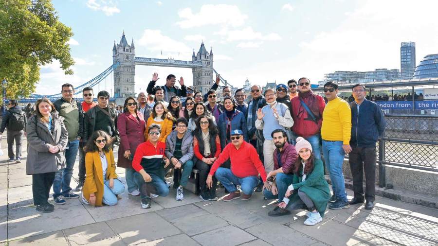 Team St. Xavier’s in London for Beyond Boundaries Chapter VII. The team posed for a group photo in front of the London Tower Bridge during their city tour of London on Day 2.