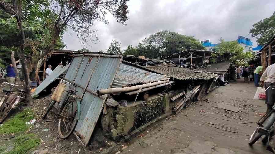The collapsed roof of the Baisakhi fish market. 